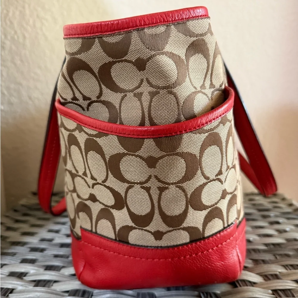 Coach Signature Canvas Tote w/ Red Coral Leather Trim – F23297 - Picture 9 of 16